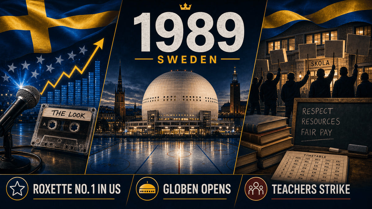 Infographic for Sweden in 1989 with Globen arena, pop chart success, and teachers' strike symbols.