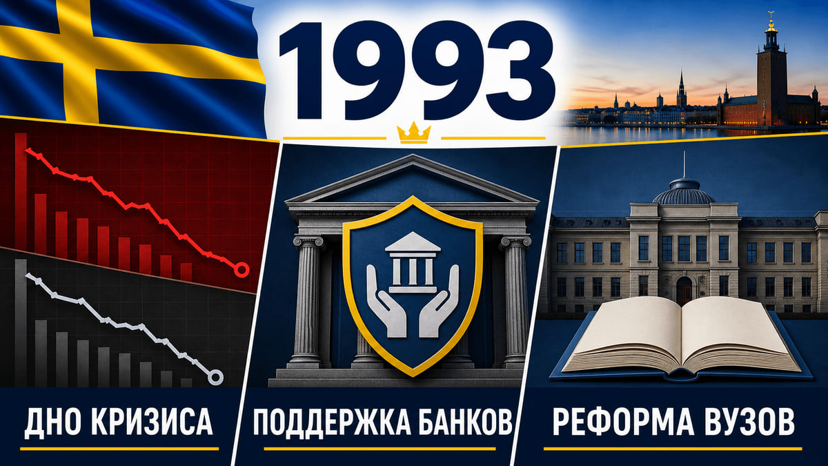 Инфографика о Швеции 1993 года: Пик экономического спада, Государственная помощь банкам, Реформа высшего образования.