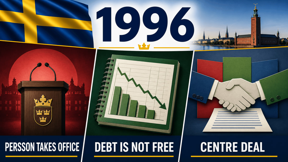 Infographic for Sweden in 1996 summarizing Persson becomes PM, 'One in debt is not free', Centre Party deal.