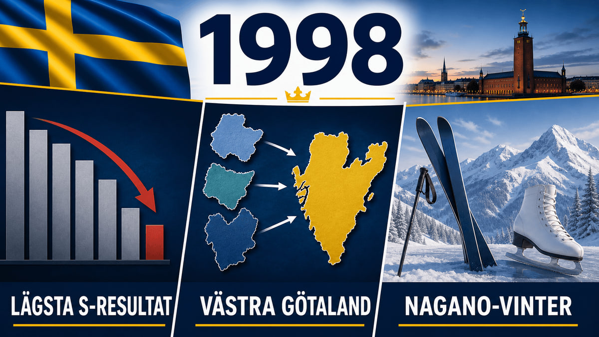 Infografik för Sverige 1998 som sammanfattar Riksdagsval, Västra Götalands län bildat, Vinter-OS i Nagano.