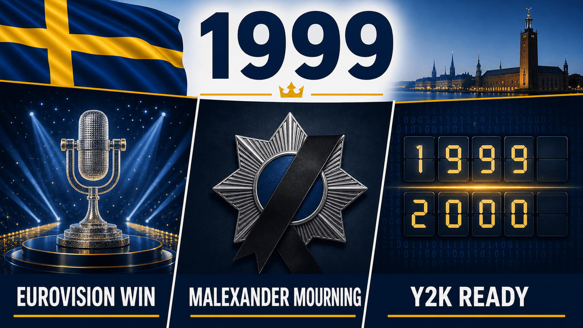 Infographic for Sweden in 1999 summarizing Eurovision win, Malexander murders, Y2K preparedness.