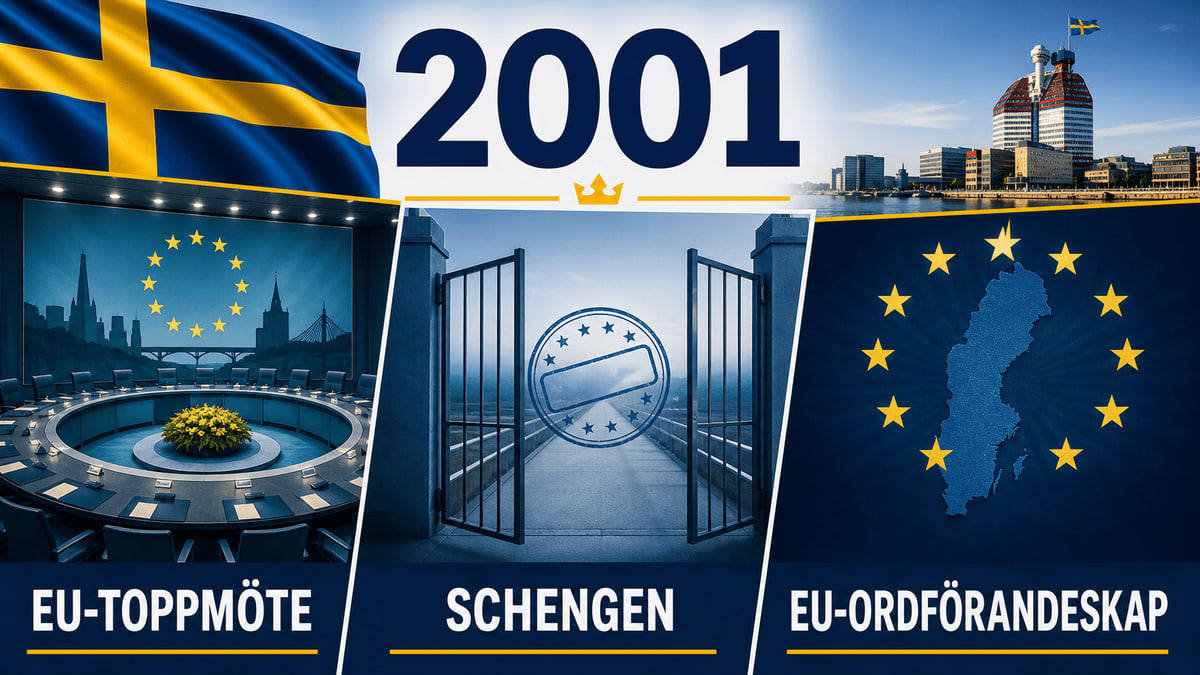 Infografik för Sverige 2001 som sammanfattar Göteborgskravallerna, Schengenanslutning, EU-ordförandeskapet.