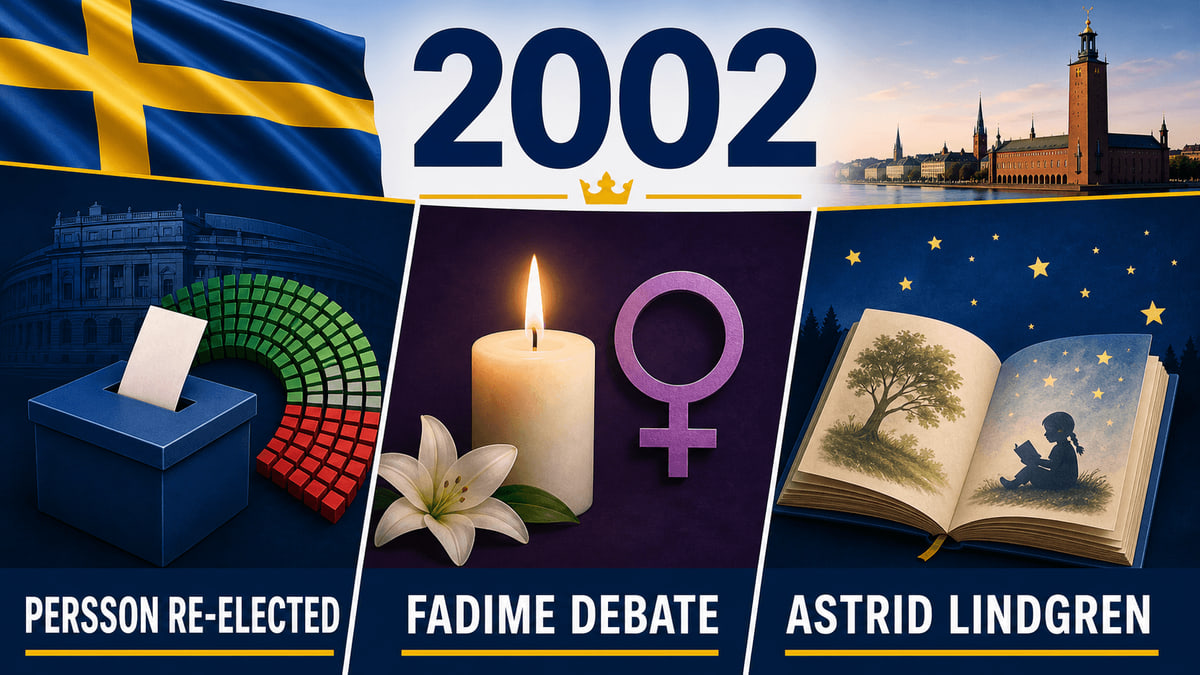 Infographic for Sweden in 2002 summarizing General election, Murder of Fadime Şahindal, Death of Astrid Lindgren.