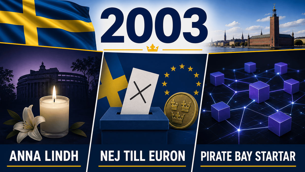 Infografik för Sverige 2003 som sammanfattar Mordet på Anna Lindh, Euroreeferendуmet, The Pirate Bay grundas.