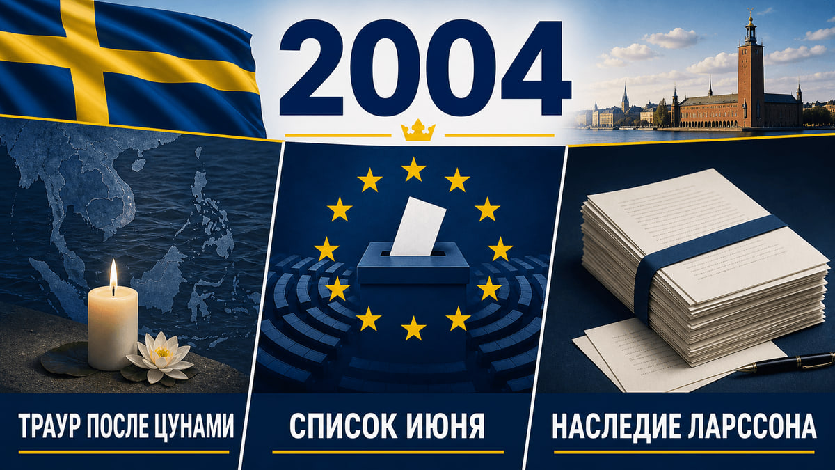 Инфографика о Швеции 2004 года: Катастрофа цунами, Выборы в Европарламент, Гибель Стига Ларссона.