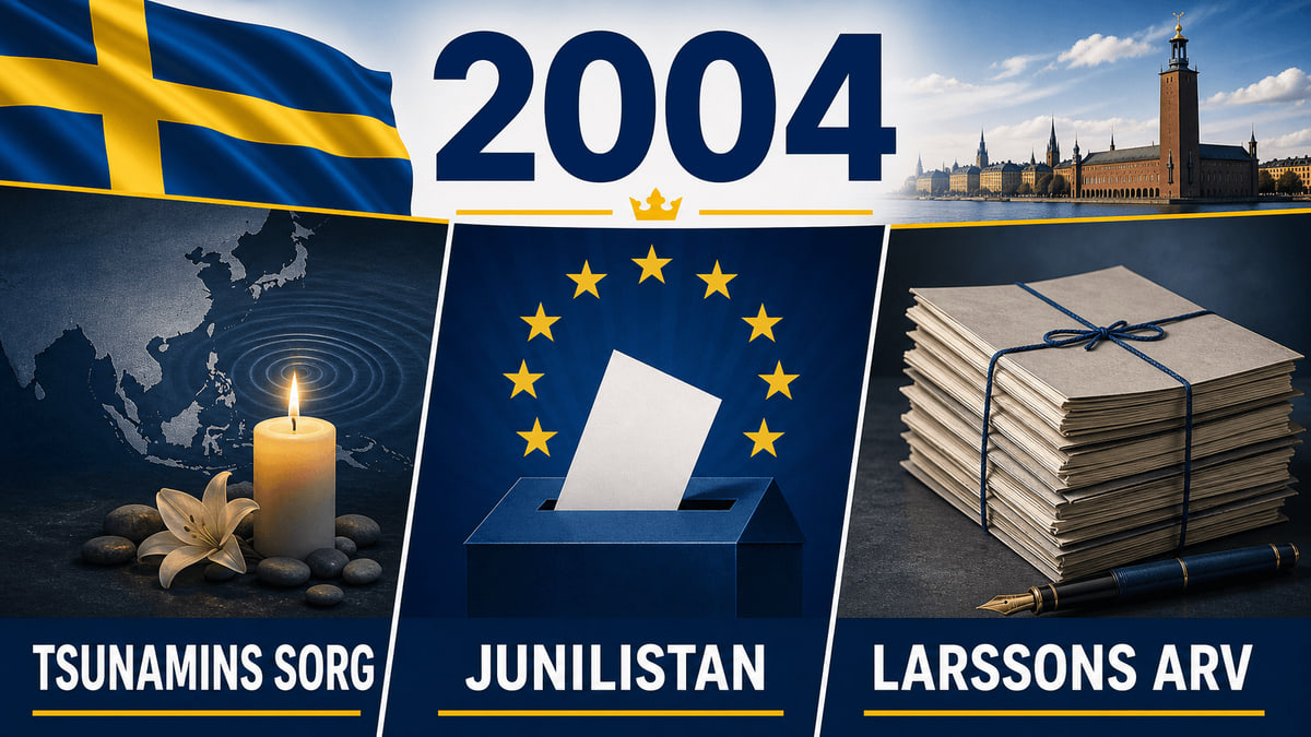 Infografik för Sverige 2004 som sammanfattar Tsunamikatastrofen, EU-parlamentsvalet, Stieg Larsson dör.