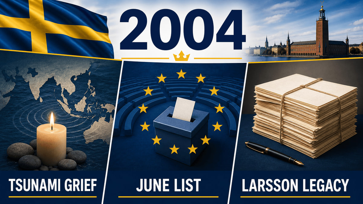 Infographic for Sweden in 2004 summarizing 2004 tsunami, European Parliament elections, Death of Stieg Larsson.