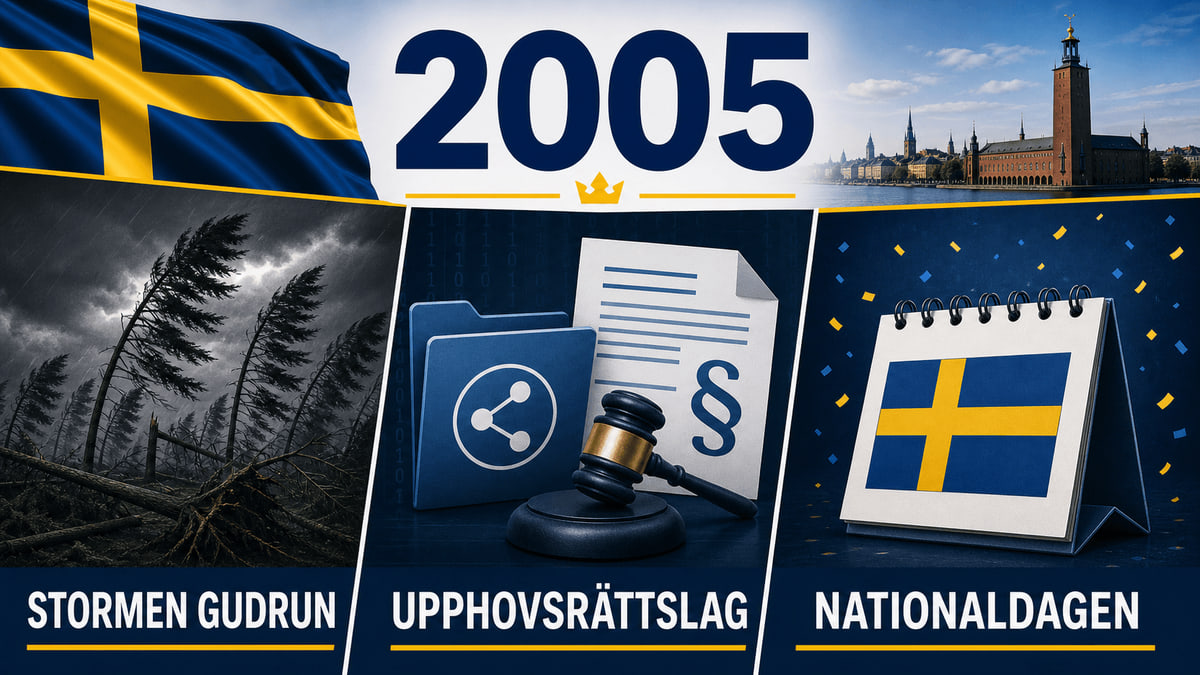 Infografik för Sverige 2005 som sammanfattar Stormen Gudrun, Skärpt upphovsrättslag, Nationaldagen blir helgdag.