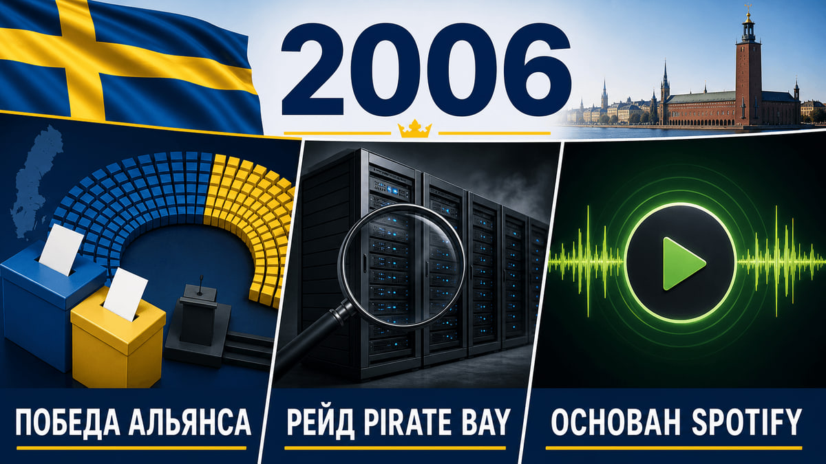 Инфографика о Швеции 2006 года: Смена власти, Рейд на The Pirate Bay, Основание Spotify.