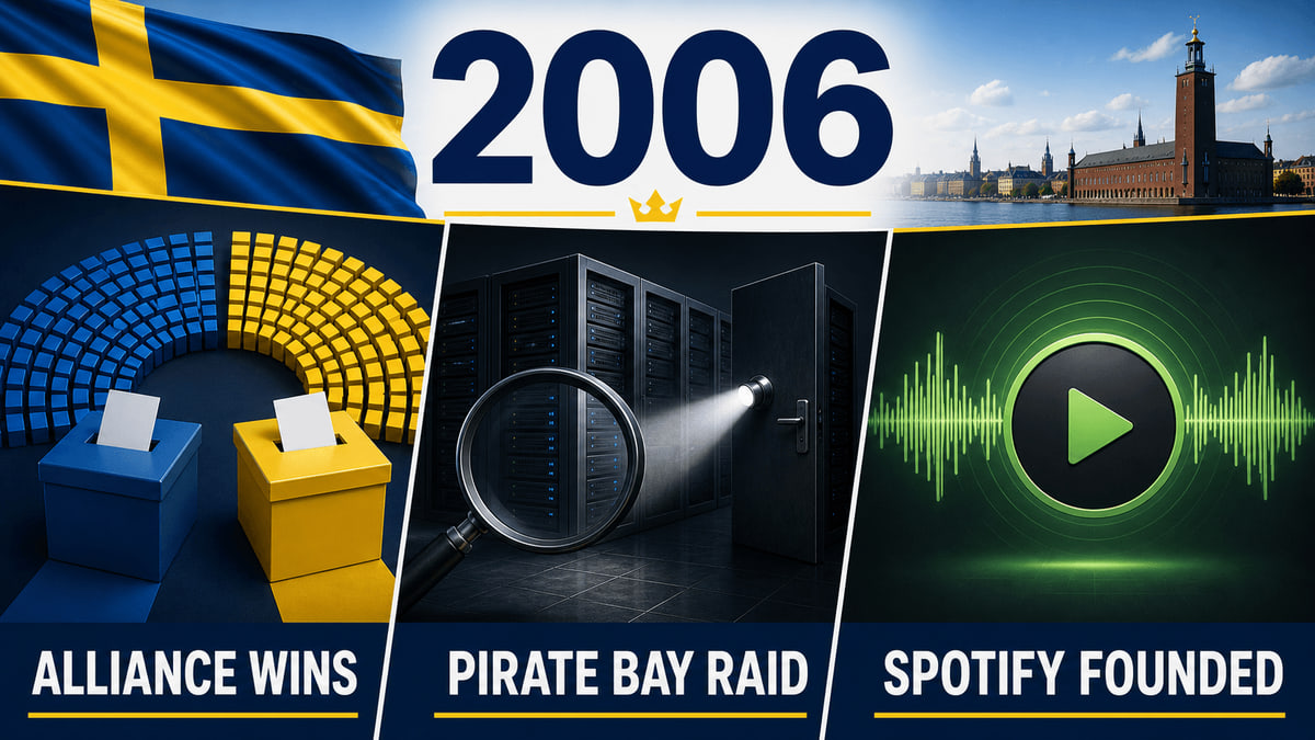 Infographic for Sweden in 2006 summarizing Election and government change, Pirate Bay raid, Spotify incorporated.