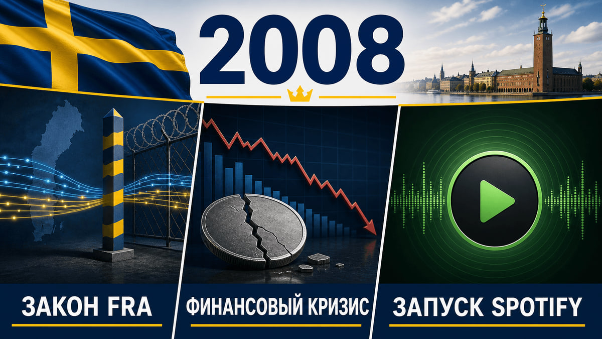 Инфографика о Швеции 2008 года с сигнальными кабелями, символами финансового кризиса и стриминга.