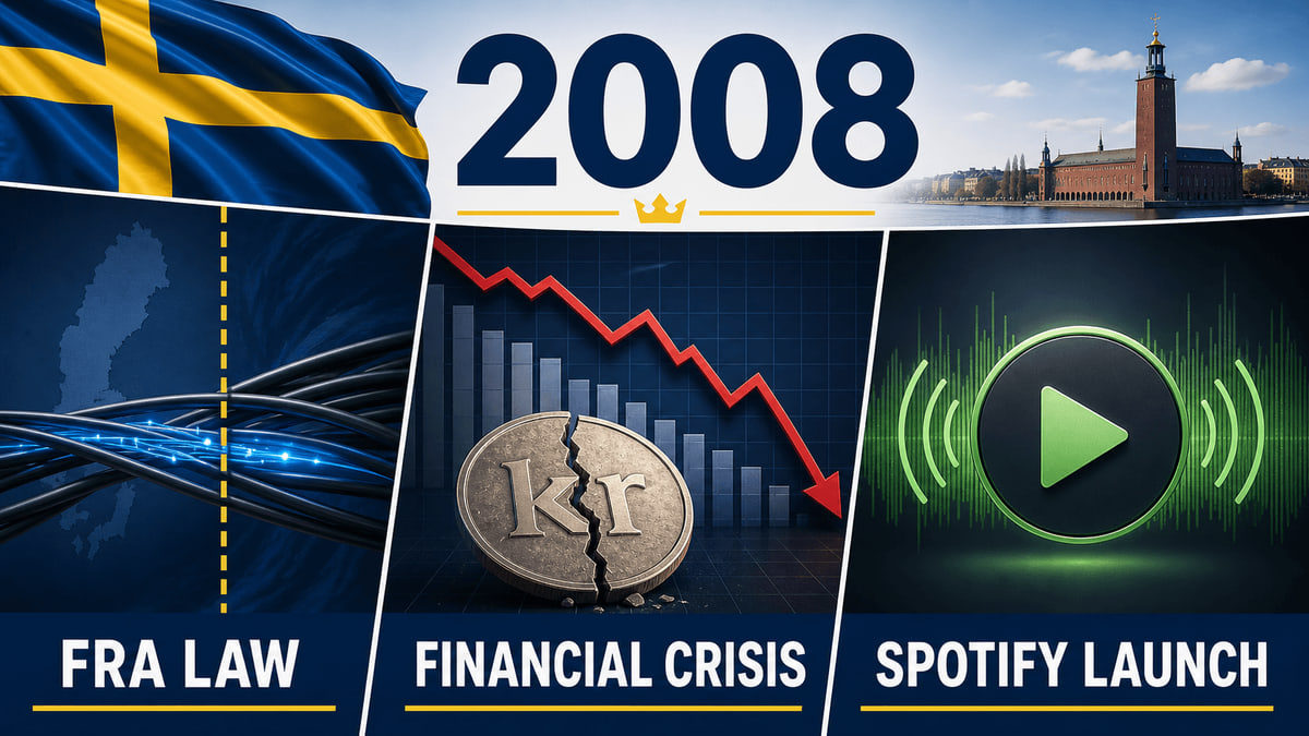 Infographic for Sweden in 2008 with signal cables, financial crisis symbols, and generic music streaming.