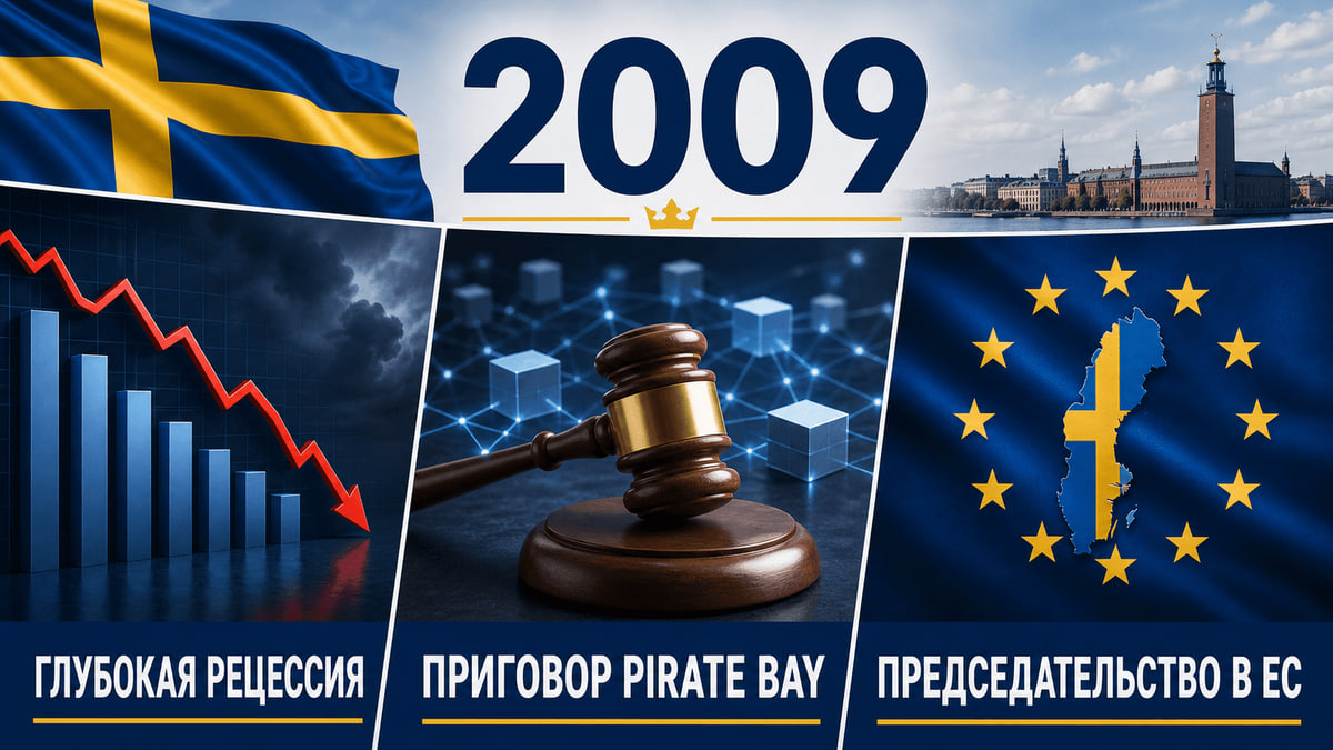 Инфографика о Швеции 2009 года с падающим графиком, символами суда и звёздами председательства в ЕС.