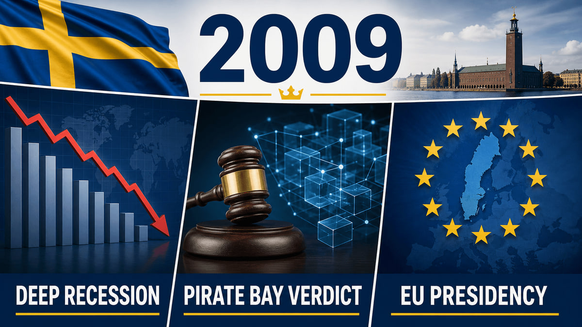 Infographic for Sweden in 2009 with a falling chart, courtroom symbols, and EU Presidency stars.