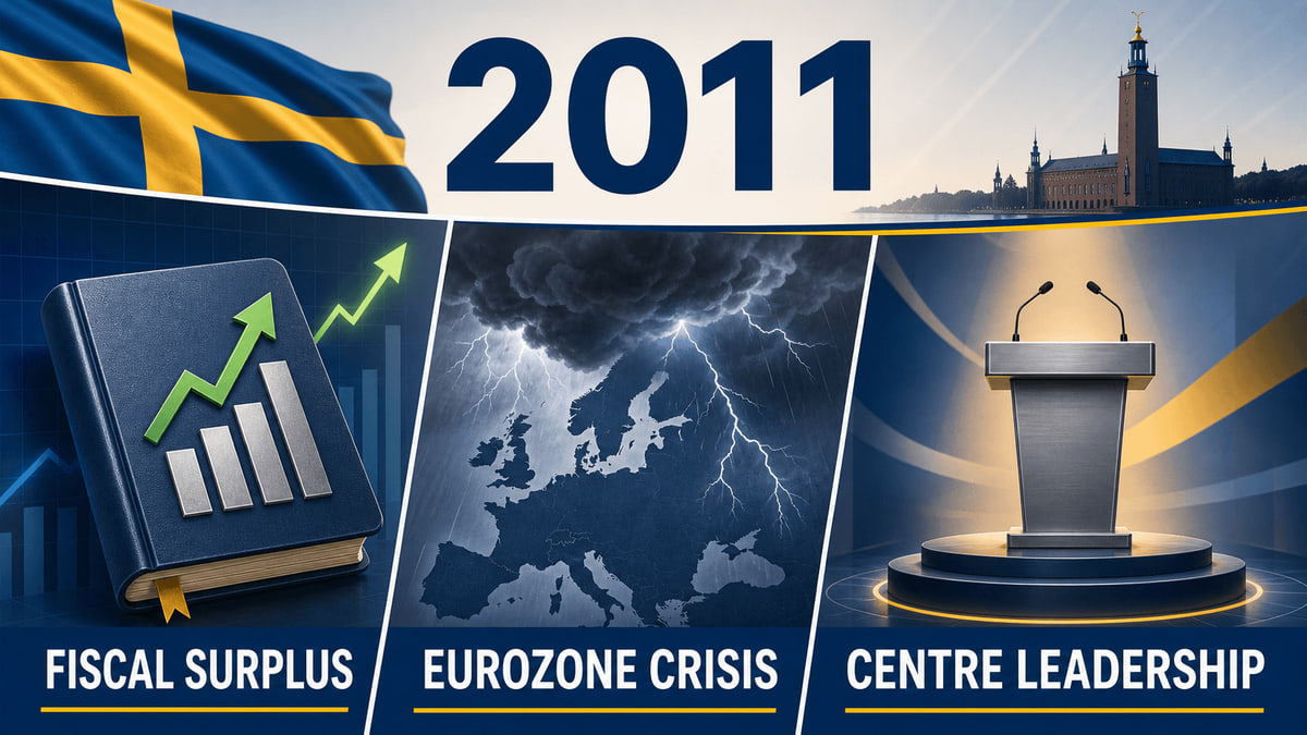 Infographic for Sweden in 2011 with a surplus ledger, eurozone storm, and leadership podium.
