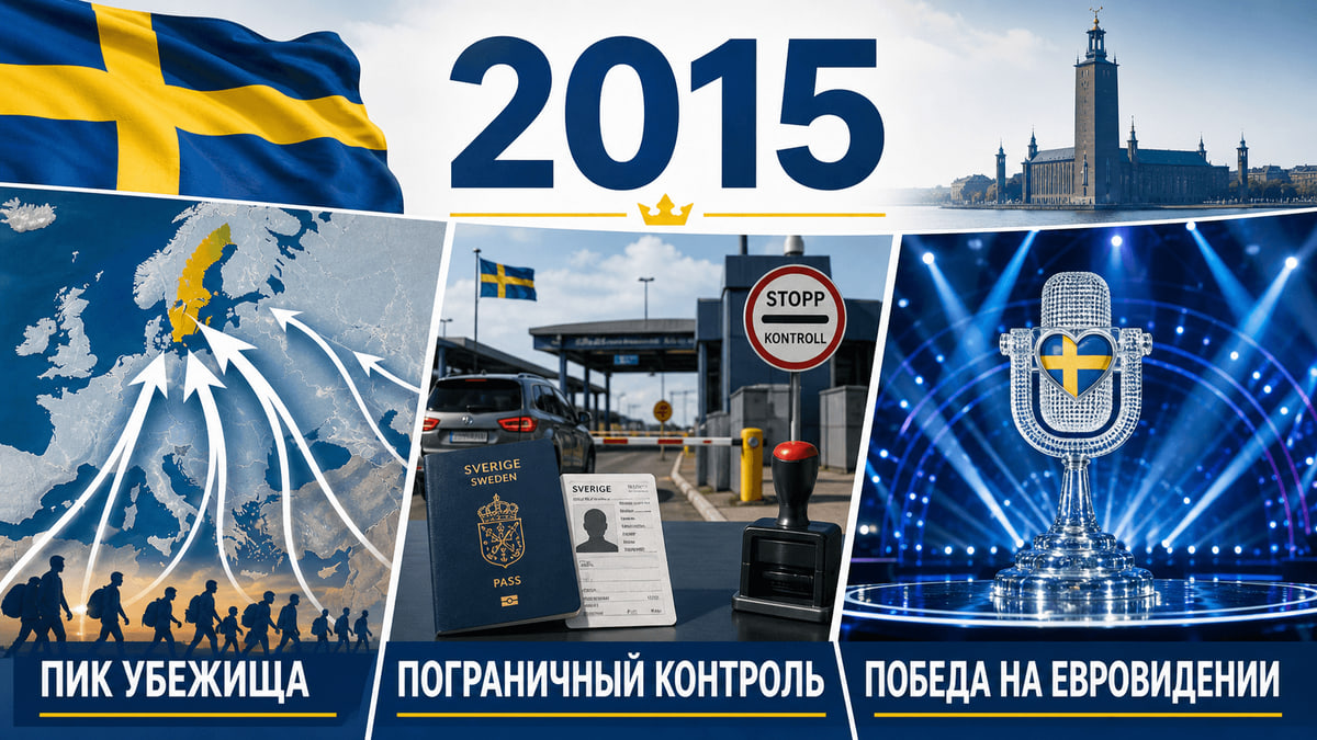 Инфографика о Швеции 2015 года с картой миграционных потоков, пограничным контролем и сценой Евровидения.
