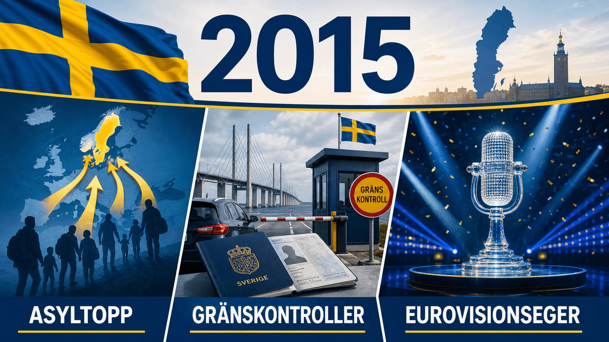 Infografik för Sverige 2015 med migrationsflödeskarta, gränskontroller och Eurovision-scen.