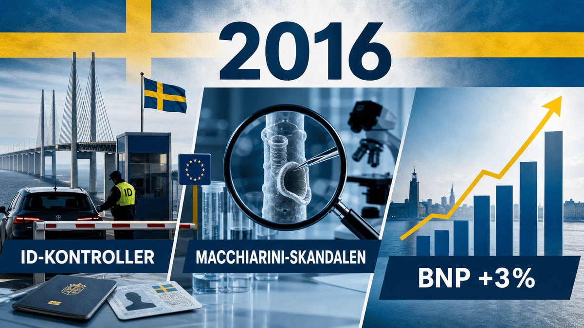 Infografik för Sverige 2016 med ID-kontroller, medicinska granskningssymboler och stigande BNP-diagram.