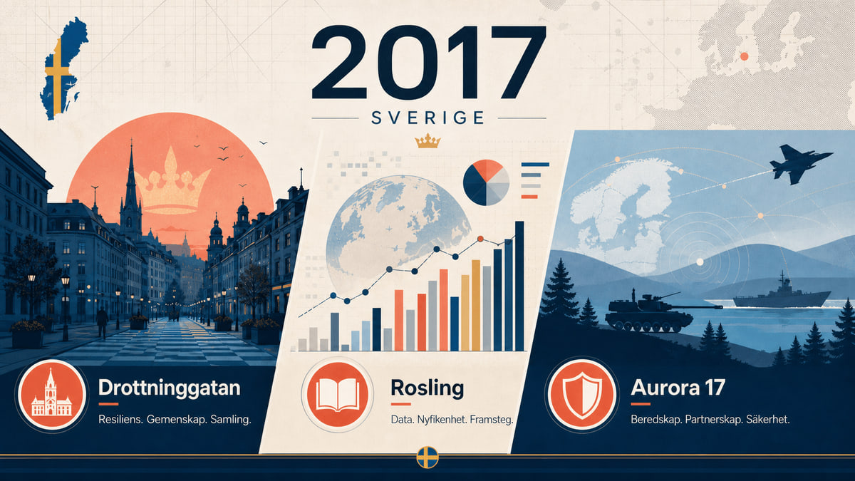 Infografik för Sverige 2017 med Drottninggatan, datadiagram och symboler för militärövning.