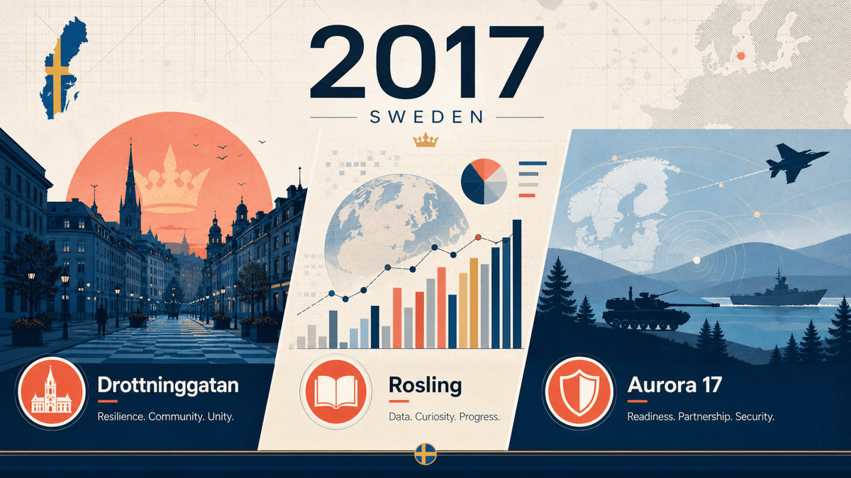 Infographic for Sweden in 2017 with Drottninggatan, data charts, and military exercise symbols.
