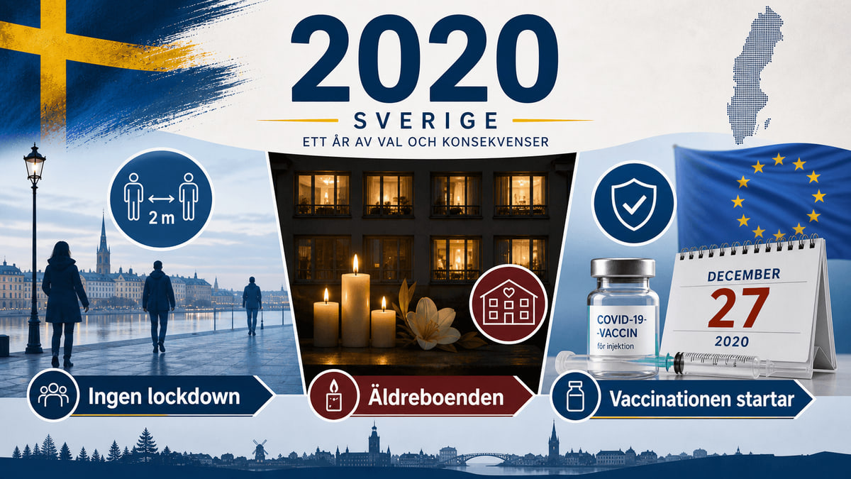 Infografik för Sverige 2020 med distansering, ljus vid äldreboende och vaccinationskalender.