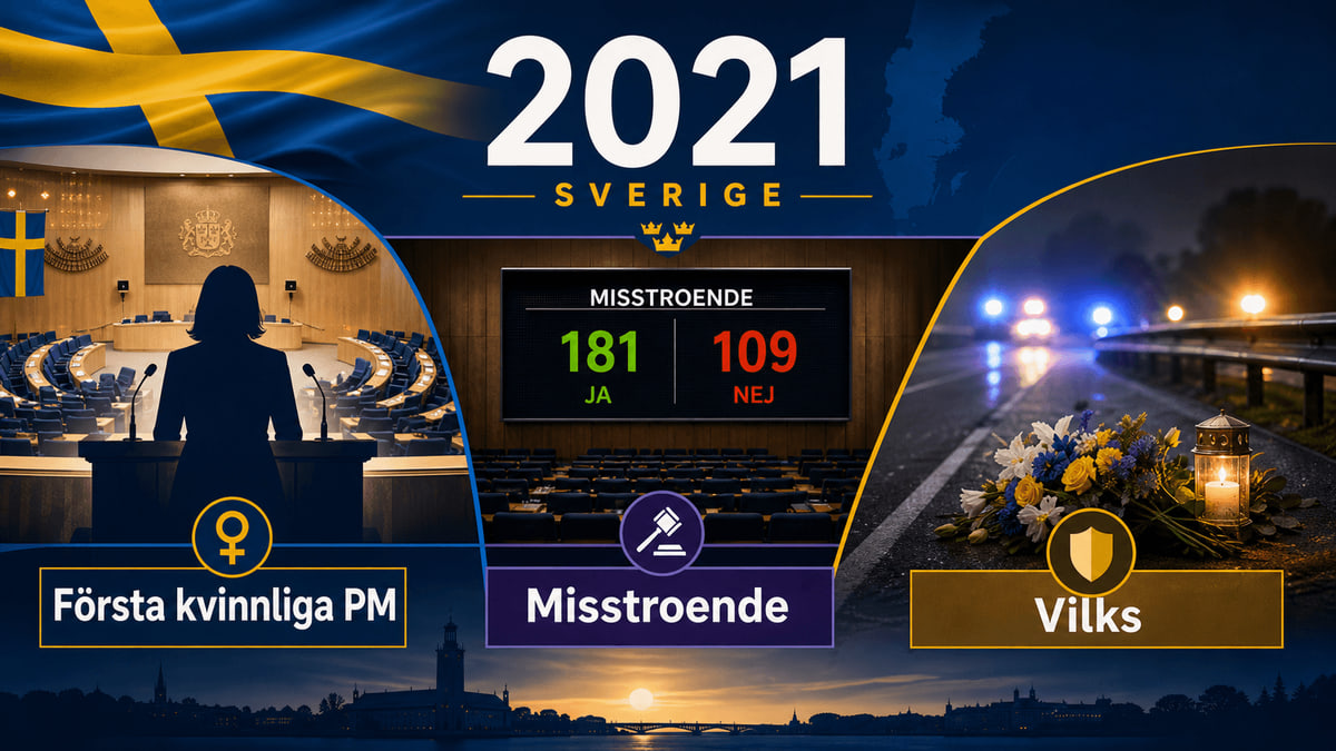 Infografik för Sverige 2021 med riksdagssal, misstroendetavla och vägmärke för minnesplats.