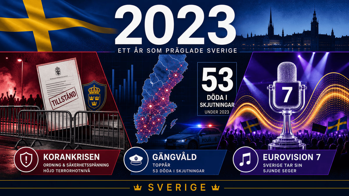Infografik för Sverige 2023 med ordningsdokument, kartstatistik över skjutningar och Eurovisionscen.
