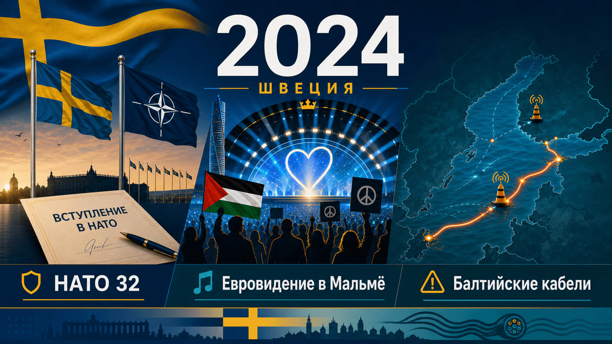 Инфографика о Швеции 2024 года с флагами НАТО, сценой Евровидения в Мальмё и картой балтийских кабелей.