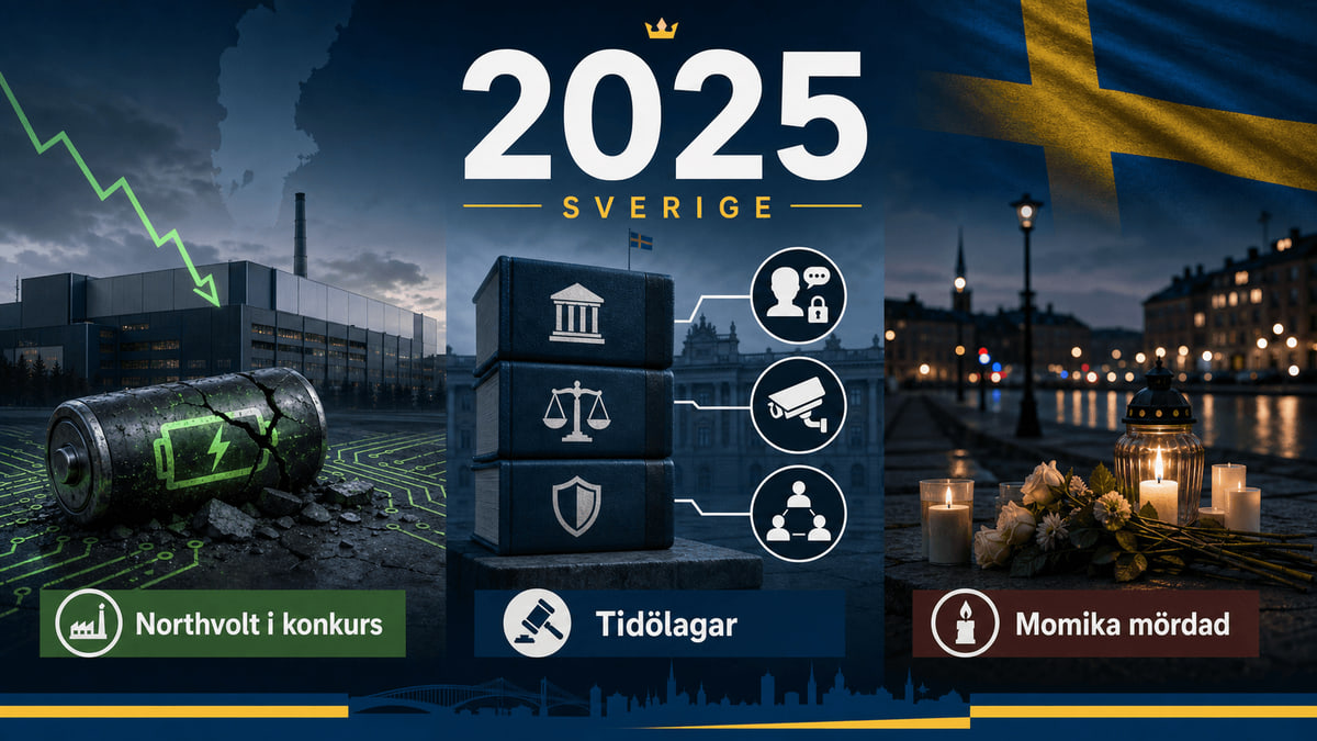 Infografik för Sverige 2025 med batterifabrik, juridiska reformsymboler och gatuminne.